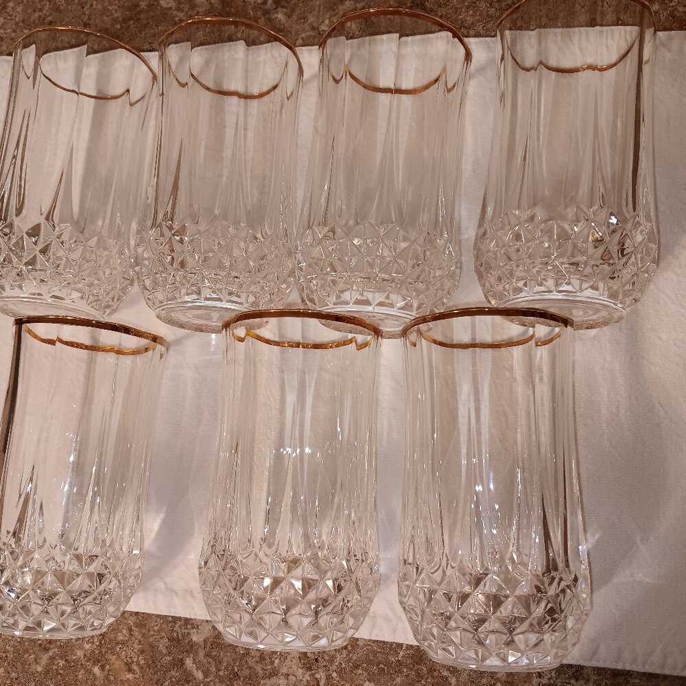 Set of 7 vintage Cristal d'Argues Durand Longchamp Highball/Water W/ gold trim